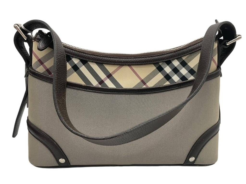 BURBERRY NOVA CHECK PEEK GRAY SATCHEL PURSE BAG: This is a Burberry Nova Check Canvas & Brown Leather Shoulder Bag, featuring the iconic beige, black, white, and red House Check (Nova Check) canvas with dark brown pebbled leather trim and shoulder s