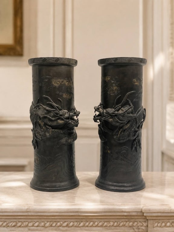 DRAGON VASES GOOD FORTUNE RELIEF CAST METAL 12": - DRAGONS for good fortune | - Relief detail of ferocious dragons on blackened bronze vases | - Pair sold together | - 12" tall | | By bidding on this listing, you understand and agree to be bound by 