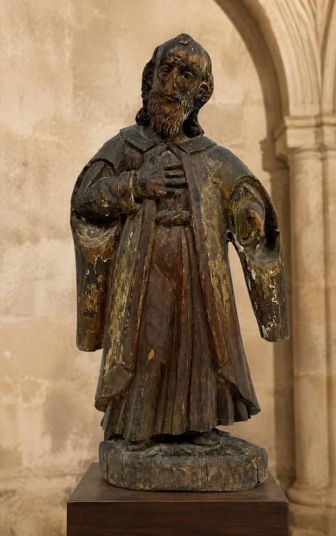ANTIQUE HAND-CARVED WOOD ECCLESIASTICAL STATUE 25": ANTIQUE HAND-CARVED WOOD FIGURAL STATUE OF A SAINT OR ECCLESIASTICAL FIGURE | | Striking antique hand-carved wooden figure depicting a robed religious or ecclesiastical figure, likely a saint, rendere