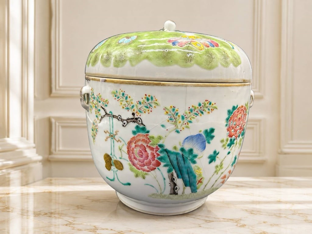 CHINESE FAMILLE ROSE COVERED FOOD JAR 7": Chinese famille rose porcelain covered food or rice jar dating to the late Qing Dynasty or Republic period, approximately 1880-1930. The rounded vessel features molded side handles and a fitted domed 
