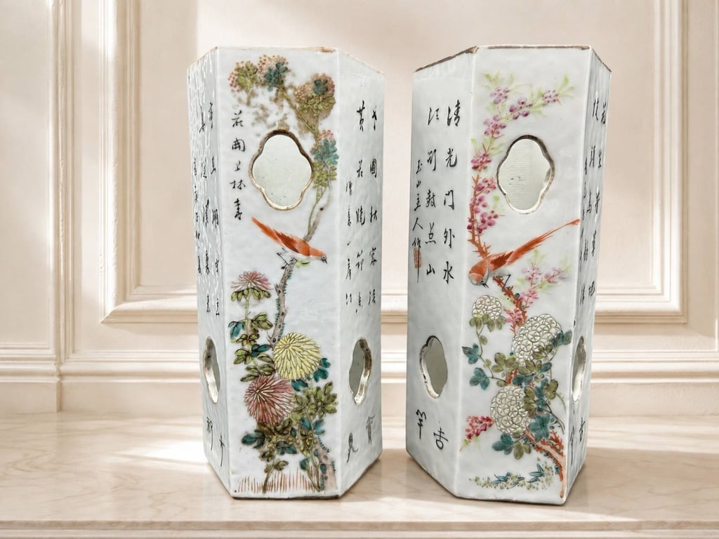 PAIR CHINESE famille rose HAT STANDS 11": Pair of Chinese famille rose porcelain hexagonal hat stands dating to the late Qing Dynasty or Republic period, approximately 1880-1930. Each is finely decorated with birds, flowering branches, chrysa
