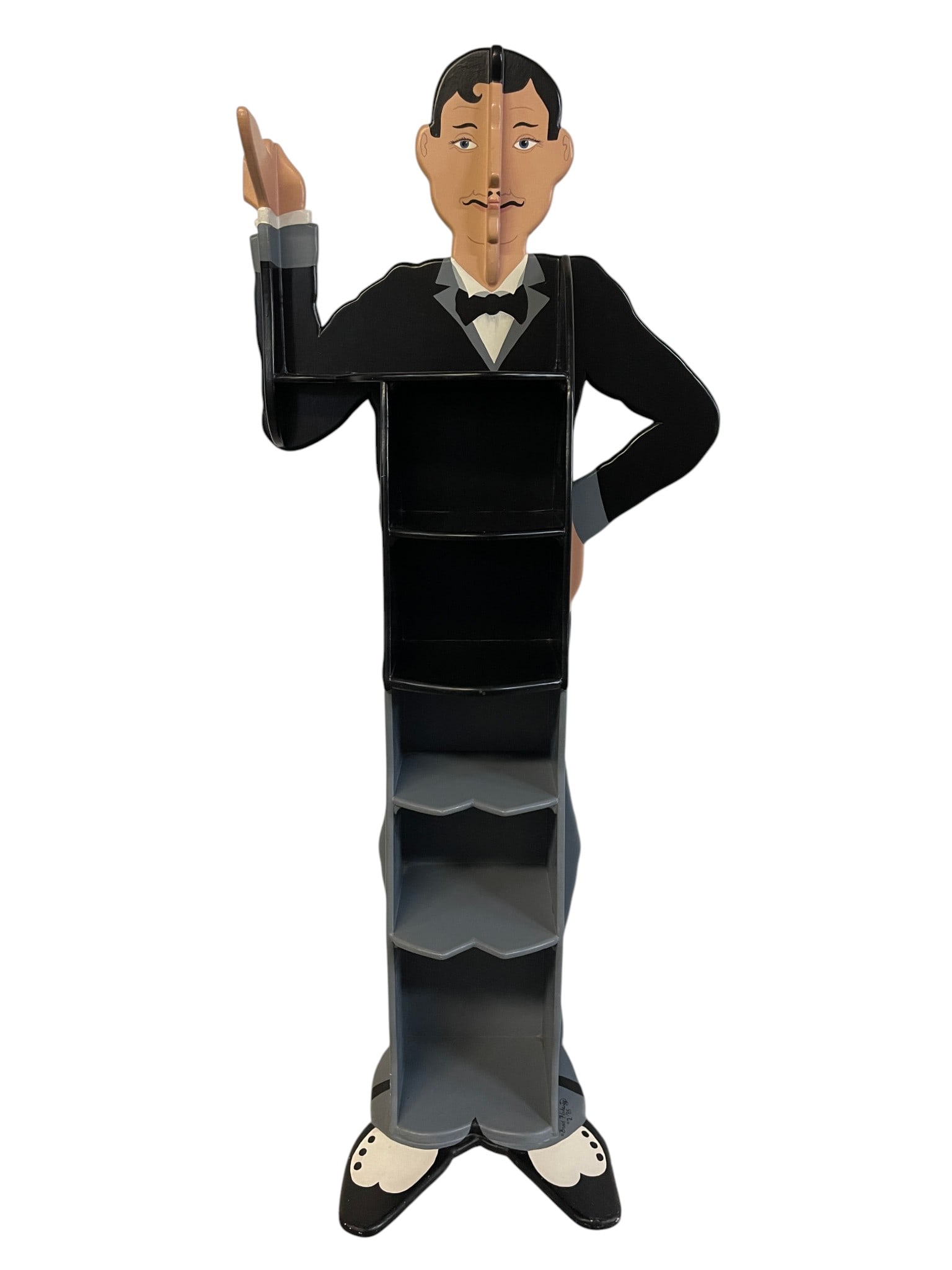 VINTAGE BUTLER GENTLEMAN FIGURAL DISPLAY SHELF 67": Vintage wood butler display stand featuring a charming gentleman in formal black tuxedo with bow tie, painted facial details, raised hand, and open tiered storage shelves. This whimsical decorative di