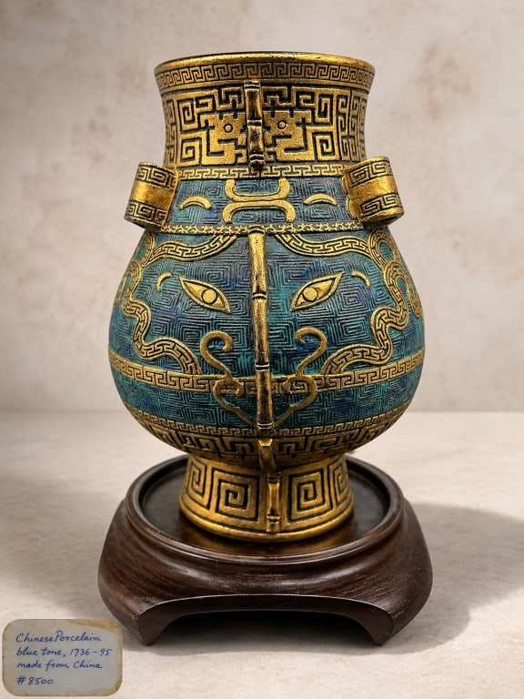 CHINESE QIANLONG MARKED PORCELAIN VESSEL: CHINESE QIANLONG MARKED PORCELAIN VESSEL | | Chinese carved and molded porcelain archaistic ritual-form vessel, bearing an impressed six-character Qianlong seal mark reading Da Qing Qianlong Nian Zhi,