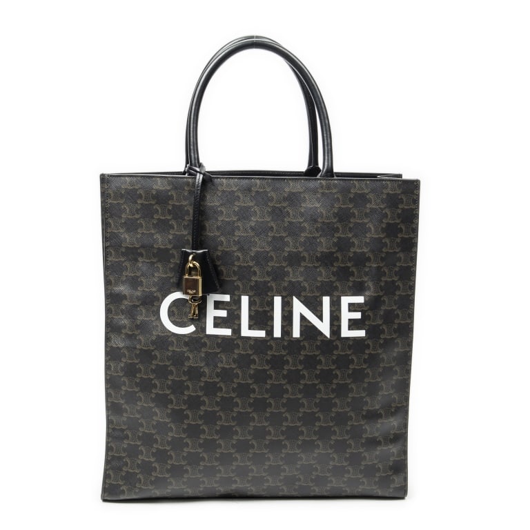 CELINE MEDIUM VERTICAL CABAS TRIOMPHE BAG: CELINE MEDIUM VERTICAL CABAS BLACK/BROWN TRIOMPHE COATED CANVAS GOLD Dimensions (CM): 36.5*38*8.5cm Production Code: F-SL-3139 A ABC9996