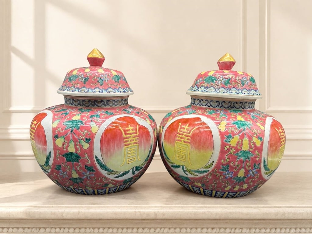 PAIR CHINESE FAMILLE ROSE LONGEVITY JARS 8": Pair of Chinese famille rose porcelain covered ginger jars, each decorated in vibrant pink, green, yellow and blue enamels with fruiting double-gourd vines, flowers and large peaches bearing gilt Shou