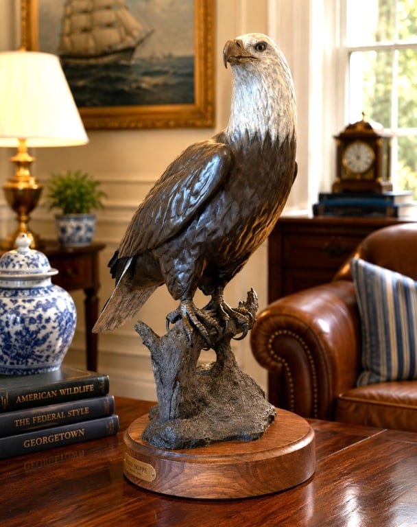 AMERICAN EAGLE BY FRED HOPPE: Fred Hoppe (Nebraska, 20th-century) bald eagle sculpture depicting the majestic bird perched atop a naturalistic tree stump. Crafted with detailed featherwork and contrasting patina, the eagle feature