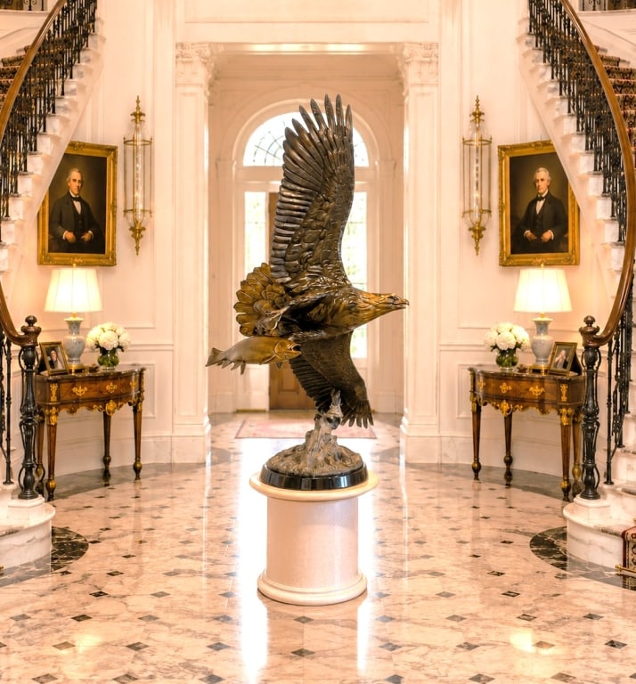 FRED HOPPE "FREEDOM EAGLE" LARGE BRONZE 72": TITLE:FRED HOPPE FREEDOM EAGLE BRONZE 72"-:Monumental bronze sculpture titled "Freedom Eagle" by renowned American wildlife sculptor Fred Hoppe. This impressive large-scale work depicts a soaring bald