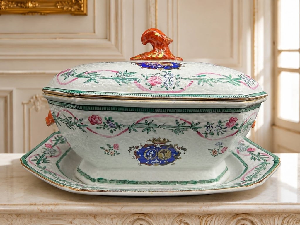 QIANLONG CHINESE EXPORT ARMORIAL TUREEN 15": Chinese Export famille rose armorial porcelain covered tureen with its matching undertray, made during the Qianlong period, circa 1770-1790. Created for the European export market, the shaped tureen i