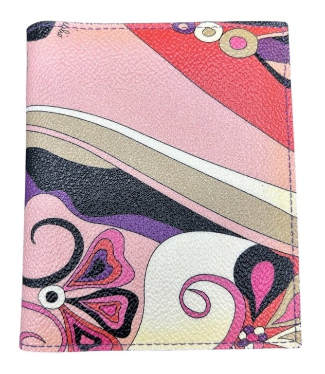 EMILIO PUCCI PRINT LEATHER WALLET 5in: Authentic Emilio Pucci leather wallet featuring the designer's iconic multicolor abstract print in shades of pink, purple, black, red, and ivory. The interior is finished in rich purple leather and in