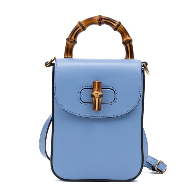 GUCCI BAMBOO TOP HANDLE BACKPACK: GUCCI BAMBOO TOP HANDLE BACKPACK MINI BLUE CALFSKIN LEATHER GOLD Dimensions (CM): 12.7*17.7*3.8cm Production Code: 702106-520981 AA GTU0722