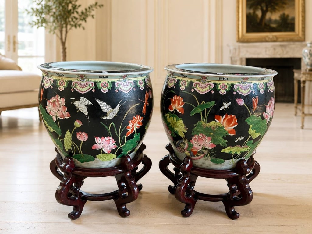 PAIR LARGE CHINESE FAMILLE NOIRE FISHBOWLS 24": Impressive pair of large Chinese porcelain fishbowls or jardini?res decorated in the Famille Noire style. Each features a dramatic black ground richly hand decorated with lotus blossoms, aquatic folia