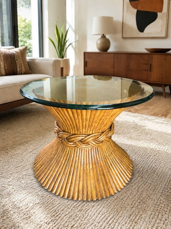 MID-CENTURY RATTAN GLASS-TOP TABLE (1 of 9)