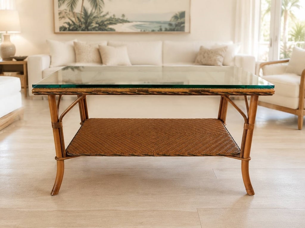 MID-CENTURY RATTAN GLASS-TOP TABLE 36" (1 of 10)