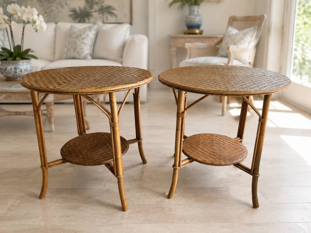 PAIR MID-CENTURY RATTAN SIDE TABLES: Matching pair of vintage mid-century modern rattan side tables, each featuring an oval woven top with an intricate geometric basket-weave pattern. The warm honey-toned frames are constructed with gent