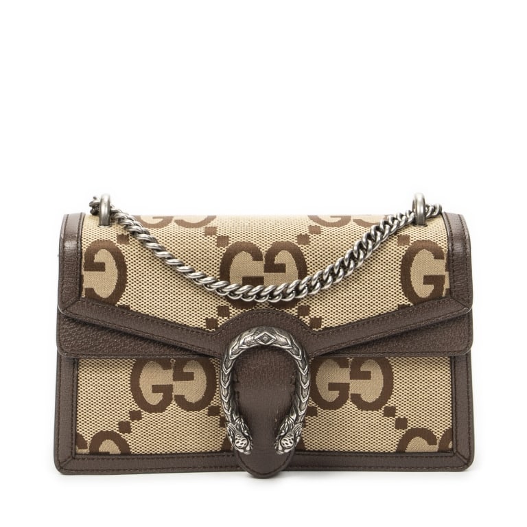 GUCCI SMALL DIONYSUS CHAIN CROSSBODY: GUCCI SMALL DIONYSUS CHAIN CROSSBODY BROWN/BEIGE JUMBO GG CANVAS SILVER Dimensions (CM): 28*17*5cm Production Code: 400249-520981 A ABC7377