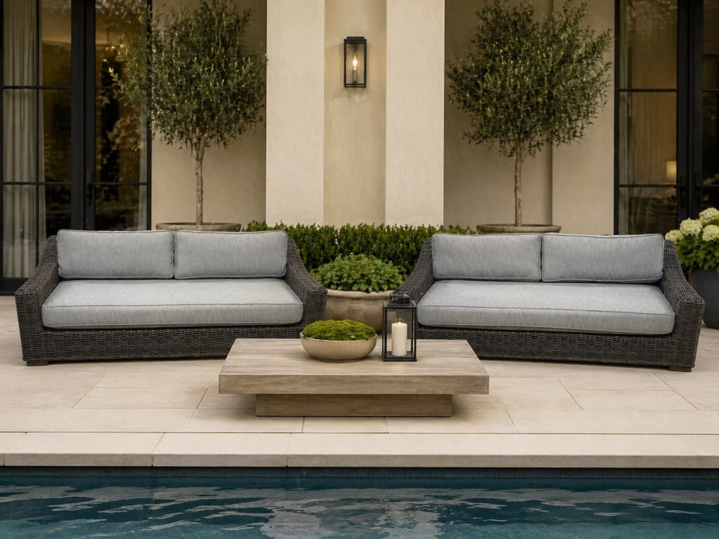PAIR OF MODERN OUTDOOR WOVEN WICKER SOFAS 88": Stylish pair of modern outdoor woven wicker sofas, each featuring a dark espresso brown woven frame with low-profile contemporary arms and light gray upholstered seat and back cushions. The clean rect