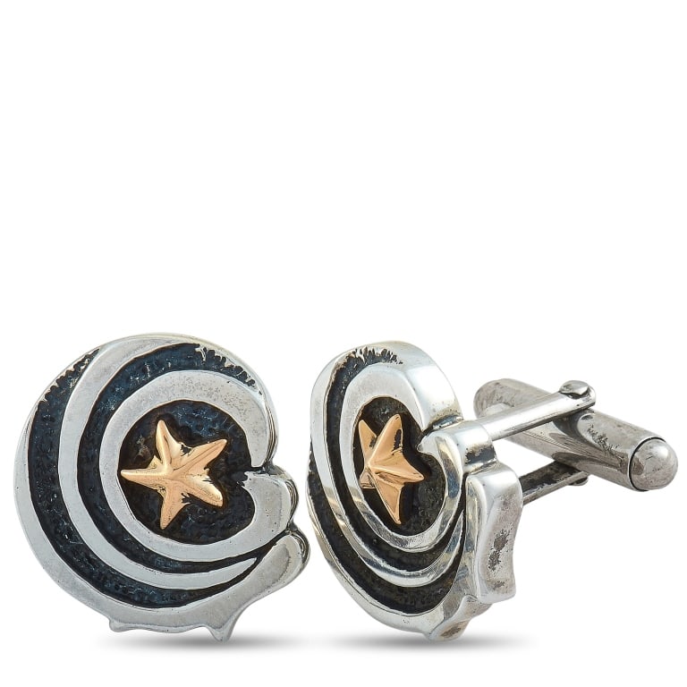 KING BABY SILVER EAGLE STAR CUFFLINKS A10-5011: These King Baby cufflinks are made of silver, feature bullet back closure, and each of the two weighs 9.9 grams. The cufflinks measure 0.73 in length and 0.78 in width.The pair is offered in brand new