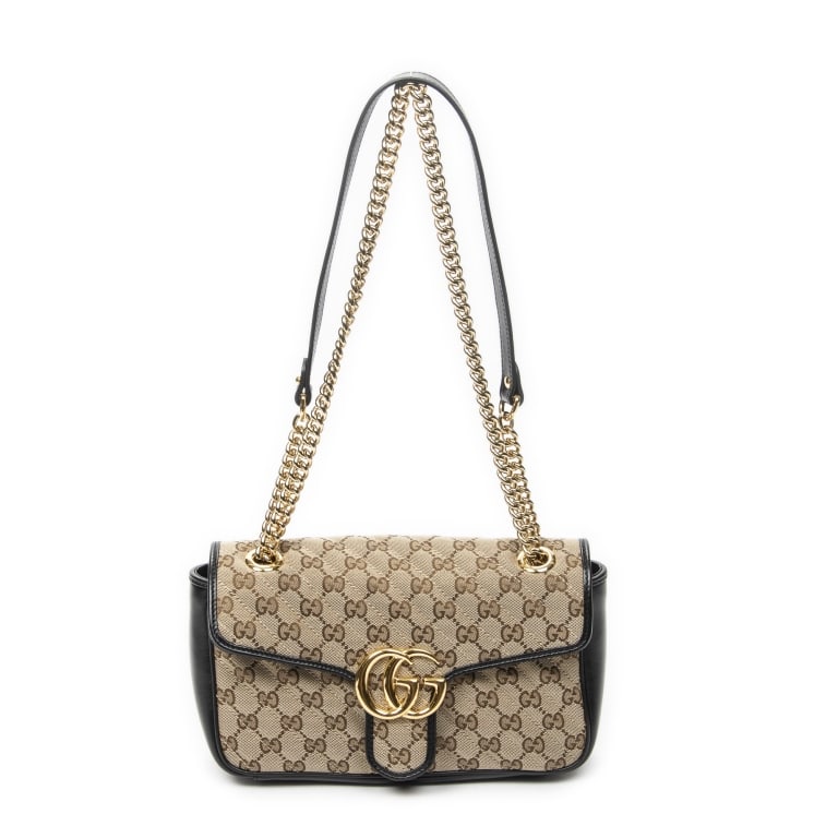 GUCCI GG MARMONT FLAP BEIGE/BLACK QUILTED BAG: GUCCI MEDIUM GG MARMONT FLAP BEIGE/BLACK QUILTED MONOGRAMMED CANVAS GOLD Dimensions (CM): 26*15*7cm Production Code: 443497 525040 AA ABD0043