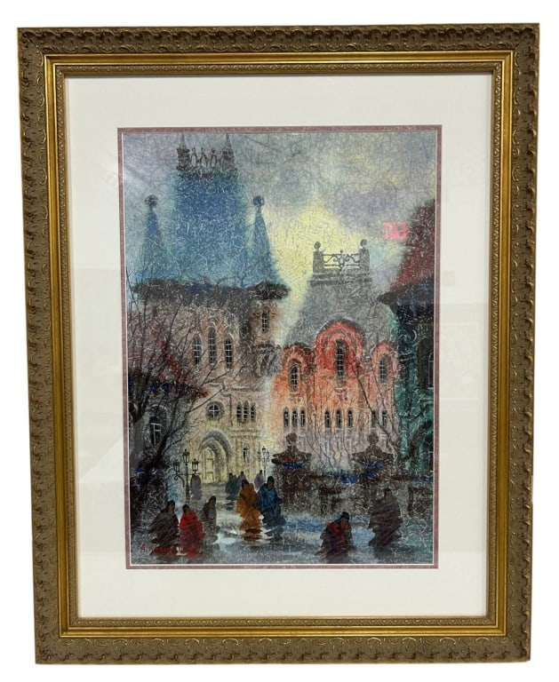 A. KRASNYANSKY SIGNED CITYSCAPE ART 32": A vibrant architectural cityscape attributed to Anatole Krasnyansky, depicting elegantly dressed figures gathered among historic buildings beneath a richly textured, atmospheric sky. Rendered in a dis