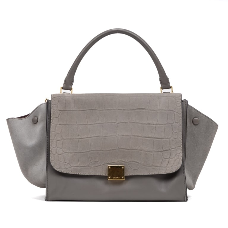 CELINE TRAPEZE GREY CROCODILE EMBOSSED SUEDE BAG: CELINE TRAPEZE GREY CROCODILE EMBOSSED SUEDE Dimensions (CM): 42*21*15cm Production Code: S-AT-1122S-CU-0118 AA GTU0653