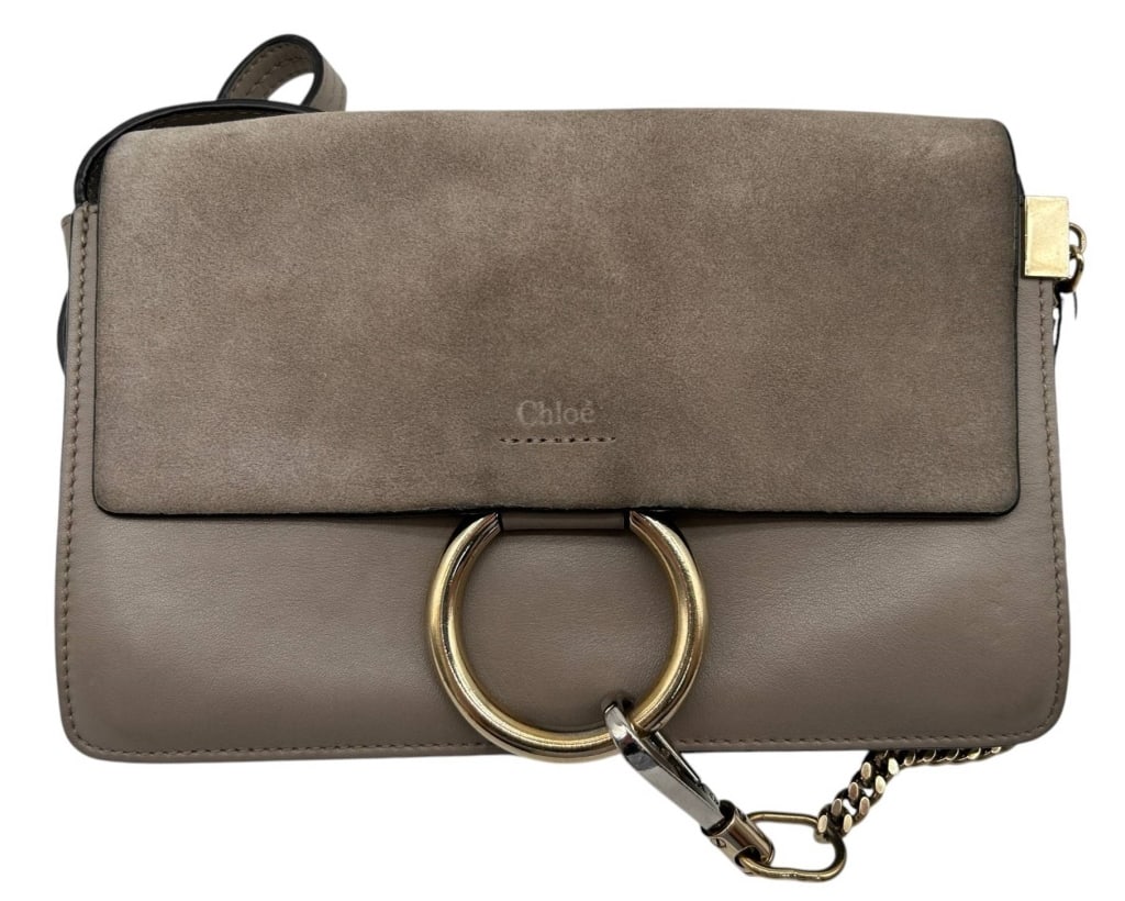 CHLOE FAYE SUEDE & LEATHER CROSSBODY 10": Elegant Chloé Faye crossbody bag crafted in smooth taupe leather with a coordinating suede front flap and the collection's iconic oversized gold-tone ring and chain hardware. The minimalist silhouett