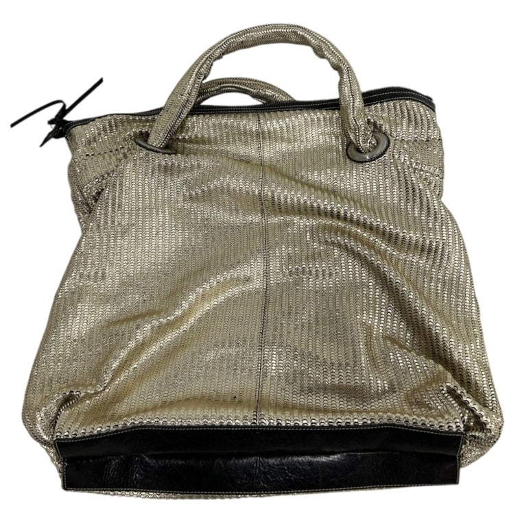 GIANNI CHIARINI METALLIC MESH TOTE 18": Stylish Gianni Chiarini Italian designer tote crafted in metallic silver-tone mesh with black genuine leather trim and dual rolled handles. This contemporary oversized tote features a full top zip clo