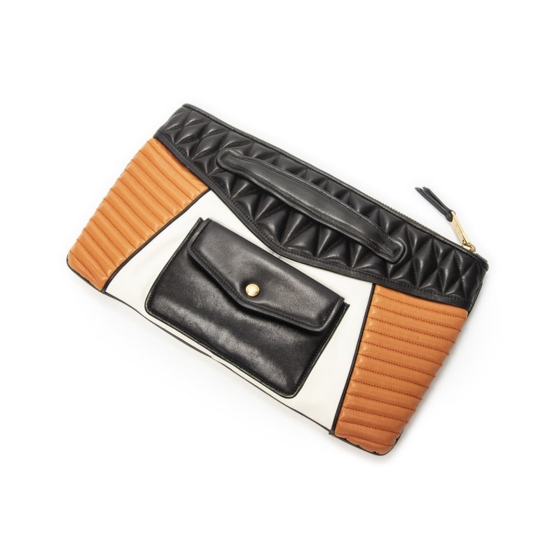 MIU MIU BIKER ZIP CLUTCH: MIU MIU BIKER ZIP CLUTCH DARK BROWN/IVORY/ORANGE NAPPA QUILTED LEATHER GOLD Dimensions (CM): 35*21*2cm Production Code: RP0371 A ABD0136