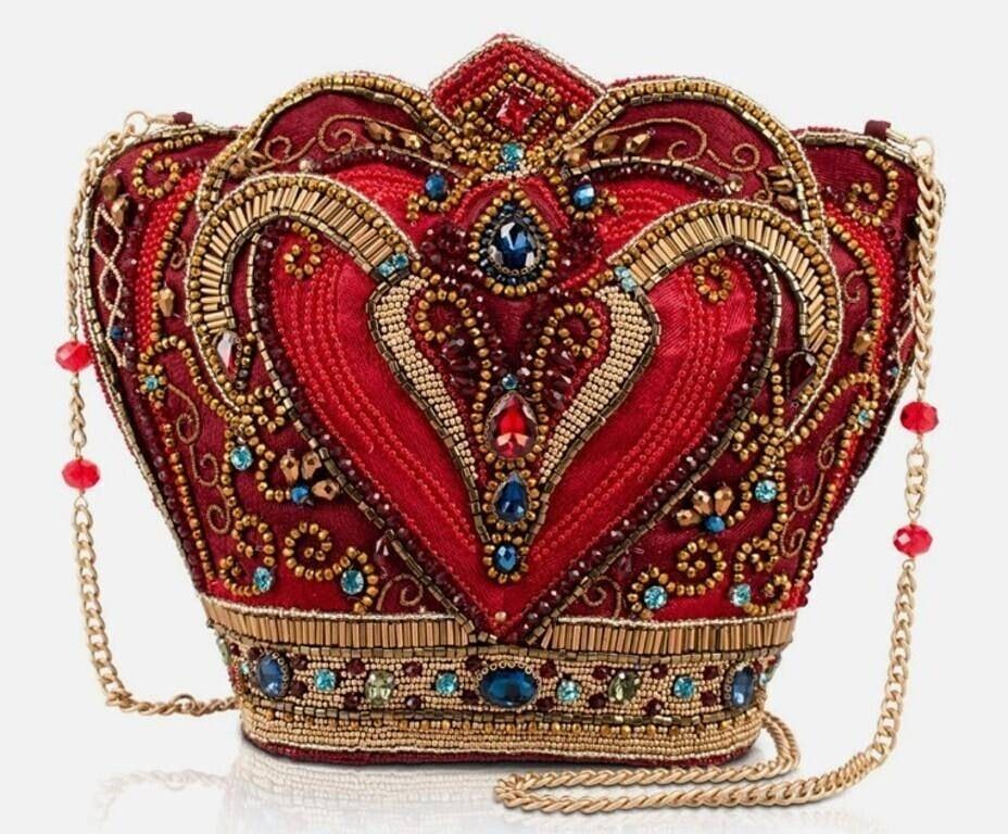 MARY FRANCES CRIMSON QUEEN REGAL CROWN BAG NEW!: Rule every room with Crimson Queen a regal crown shaped bag in deep crimson, adorned with sparkling jewels, gold accents, and a heart shaped centerpiece. Finished with a chain strap, it?s a statement 