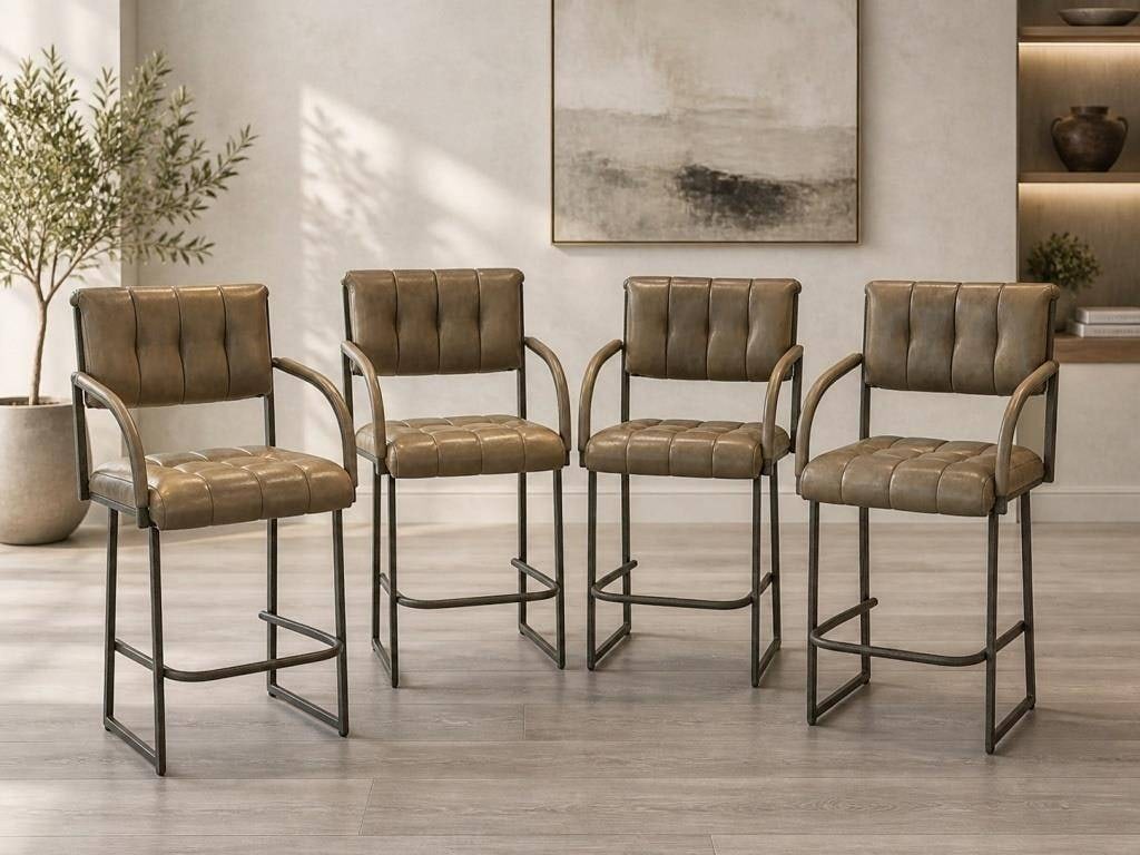 SET OF 4 MODERN TUFTED LEATHER BAR STOOLS 45": Stylish set of four modern bar stools featuring warm taupe-brown leather or leather-look upholstered seats and backs with channel-tufted paneling, curved arms, slim dark metal frames, and integrated f