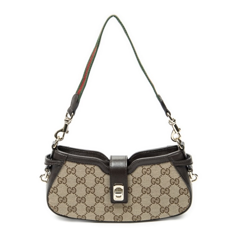 GUCCI MINI MOON SIDE WEB BEIGE HOBO: GUCCI MINI MOON SIDE WEB HOBO BEIGE MONOGRAMMED CANVAS GOLD Dimensions (CM): 24*11*4.5cm Production Code: 786015-525040 AA ABD2409