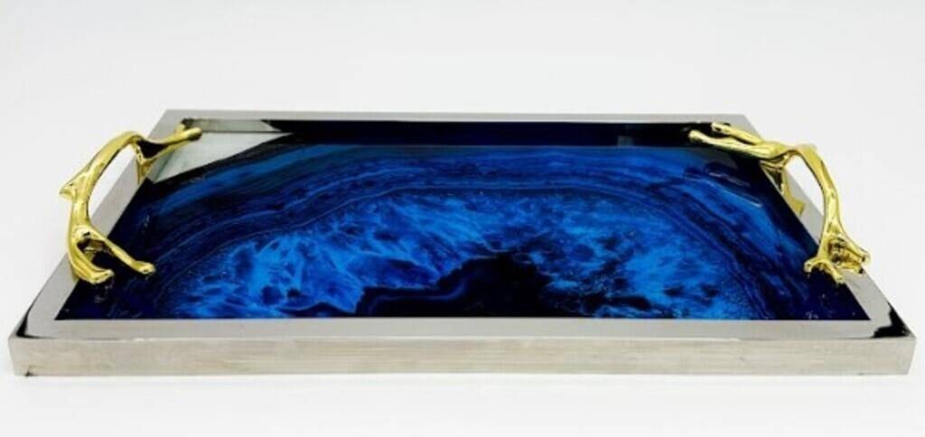 NEW!! BLUE AGATE STYLE SERVING TRAY: NEW!! BLUE AGATE STYLE SERVING TRAY | -Striking rectangular serving tray featuring a dramatic blue agate-style center panel with layered mineral-inspired striations in deep cobalt, navy, and electric 