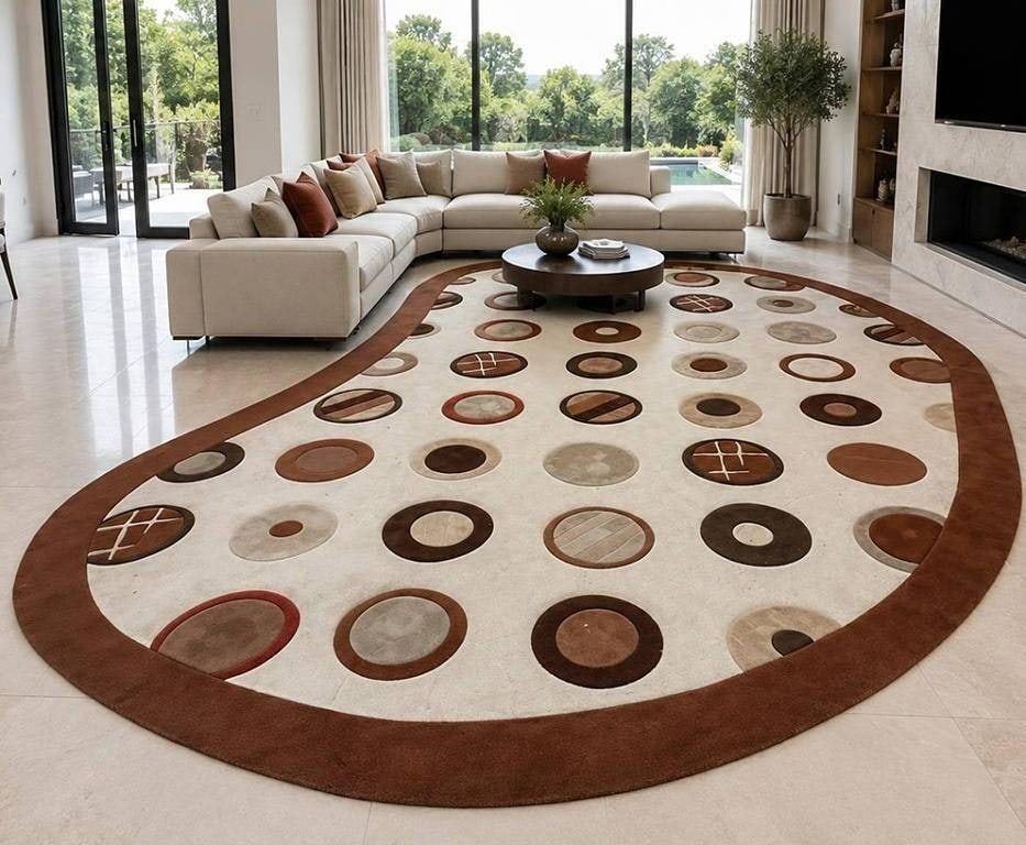 LARGE FREEFORM MODERNIST GEOMETRIC AREA RUG 17': LARGE FREEFORM MODERNIST GEOMETRIC AREA RUG 17' | Large contemporary freeform area rug featuring an unusual kidney bean-shaped silhouette with a wide rust-brown border and an ivory field decorated wit