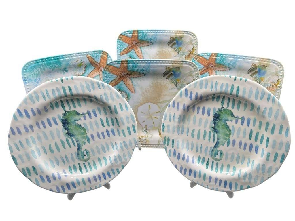 TAG LIVING COASTAL MELAMINE PLATES SET: TAG LIVING COASTAL SEASHELL & SEAHORSE MELAMINE PLATES SET OF SIX | | Vibrant coastal-themed set of six Tag Living melamine plates featuring beach-inspired motifs including starfish, sand dollars, sea