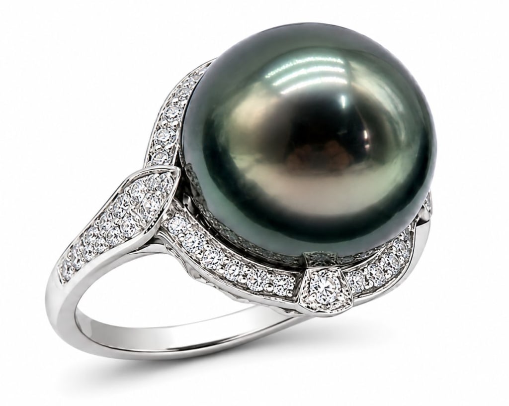 GIA TAHITIAN PEARL & DIAMOND PLATINUM RING: Platinum ring featuring a GIA certified South Sea Tahitian cultured pearl measuring 14.14 mm with dark gray body color and orient overtone. The mounting is accented with approximately 0.48 carats tota