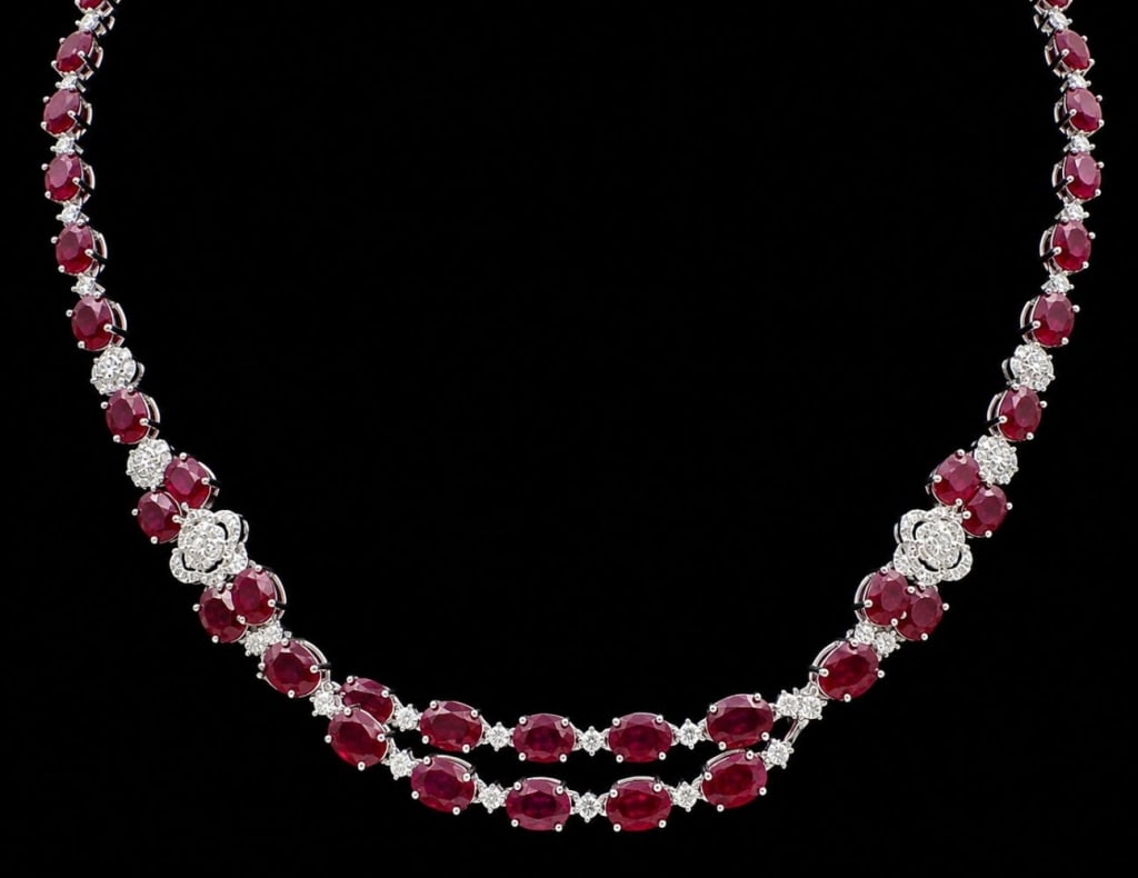 AARON GOTTLIEB BURMESE RUBY DIAMOND NECKLACE: Aaron Gottlieb platinum necklace featuring 57 natural Burmese (Myanmar) rubies totaling approximately 30.30 carats, accented by 131 round brilliant-cut diamonds with a total weight of approximately 2.