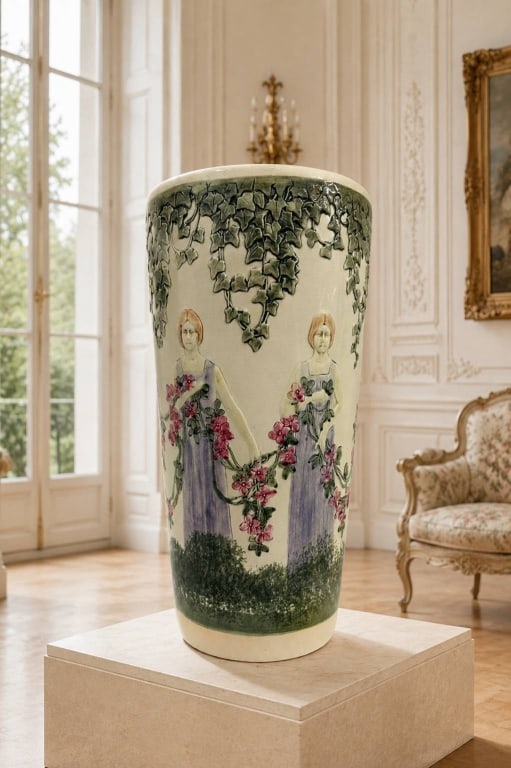 ART NOUVEAU FIGURAL POTTERY UMBRELLA STAND 20.5": Large decorative Art Nouveau-style pottery umbrella or walking-stick stand, alternatively suitable as a dramatic floor vase. The tall cylindrical vessel features two elongated female figures in flowin