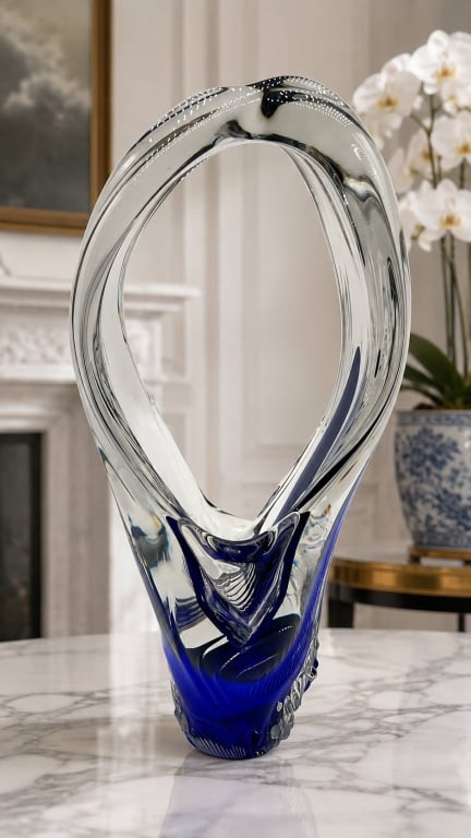 LARGE COBALT BLUE ART GLASS SCULPTURE 18": Striking large-scale contemporary art glass sculpture featuring a dramatic elongated open-loop form in clear crystal glass flowing into a rich cobalt blue base. The substantial hand-formed design inco