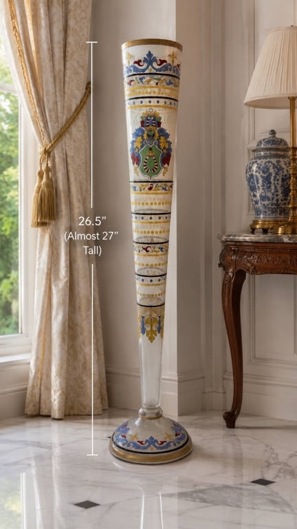 LARGE HAND PAINTED HERALDIC GLASS VASE 26.5": Impressive large-scale decorative glass floor vase featuring elaborate hand-painted and enameled decoration with a prominent European-style heraldic coat of arms. The tall, dramatically tapered form i