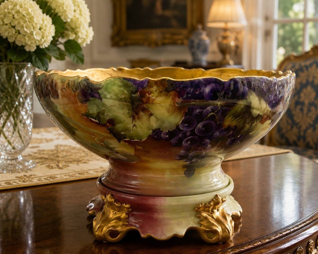 T&V LIMOGES HAND PAINTED PORCELAIN COMPOTE 14": Large antique T&V Limoges France porcelain pedestal compote by Tressemanes & Vogt, richly decorated with hand-painted clusters of purple grapes, lush foliage and softly shaded background colors. The s