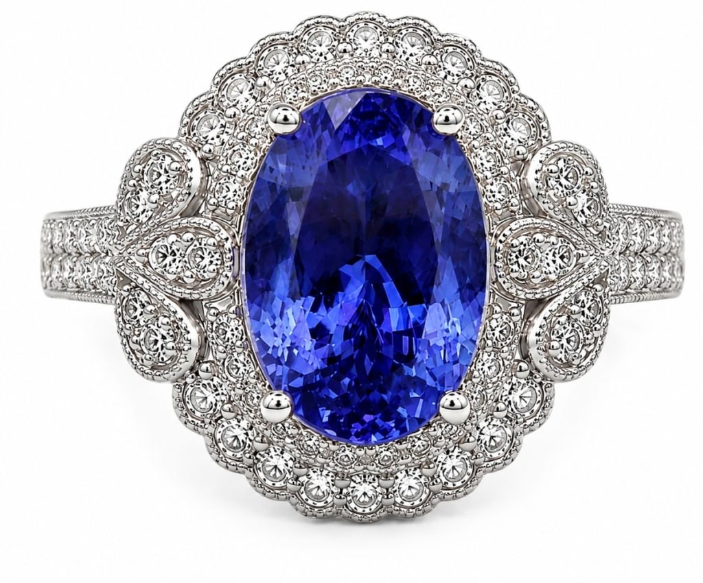 GIA PLATINUM 4.7CT TANZANITE & .69CT DIAMOND RING: Platinum cocktail ring featuring a 4.75 carat oval tanzanite center stone accented by 58 round brilliant-cut diamonds totaling approximately 0.69 carats. Accompanied by a GIA Identification Report and