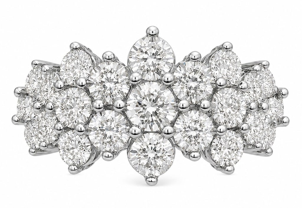 EFFY 14K WHITE GOLD DIAMOND CLUSTER RING 7.6G: EFFY 14 karat white gold ring featuring a multi-cluster floral design set with 23 round brilliant-cut natural diamonds totaling approximately 0.80 carat. The diamonds are graded approximately H-I colo