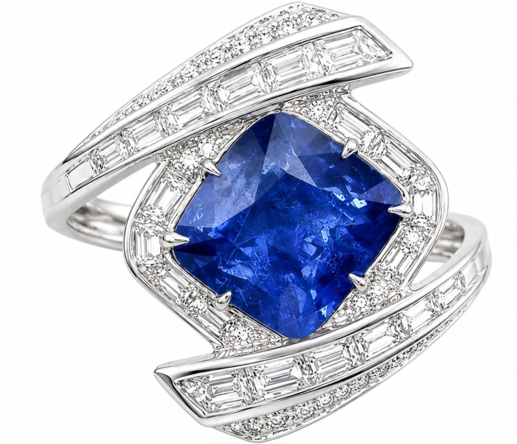 14K WHITE GOLD SRI LANKA SAPPHIRE DIAMOND RING: 14 karat white gold ring featuring a 3.86 carat natural Sri Lanka cushion-cut blue sapphire accented by approximately 1.29 carats total weight of baguette and round brilliant-cut diamonds. The sapphir