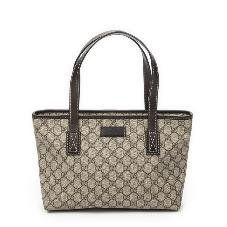 GUCCI DARK BROWN/BEIGE JOY TOTE: GUCCI SMALL JOY TOTE DARK BROWN/BEIGE SUPREME COATED CANVAS SILVER Dimensions (CM): 29*21*8cm Production Code: 211138-002123 AA ABD4159