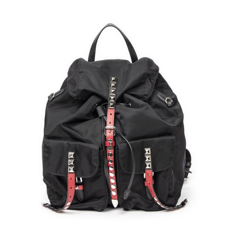 PRADA STUDDED DRAWSTRING BACKPACK: PRADA STUDDED DRAWSTRING BACKPACK STUDDED NYLON CANVAS Dimensions (CM): 30*30*14cm Production Code: 1BZ811 AA ABA1014
