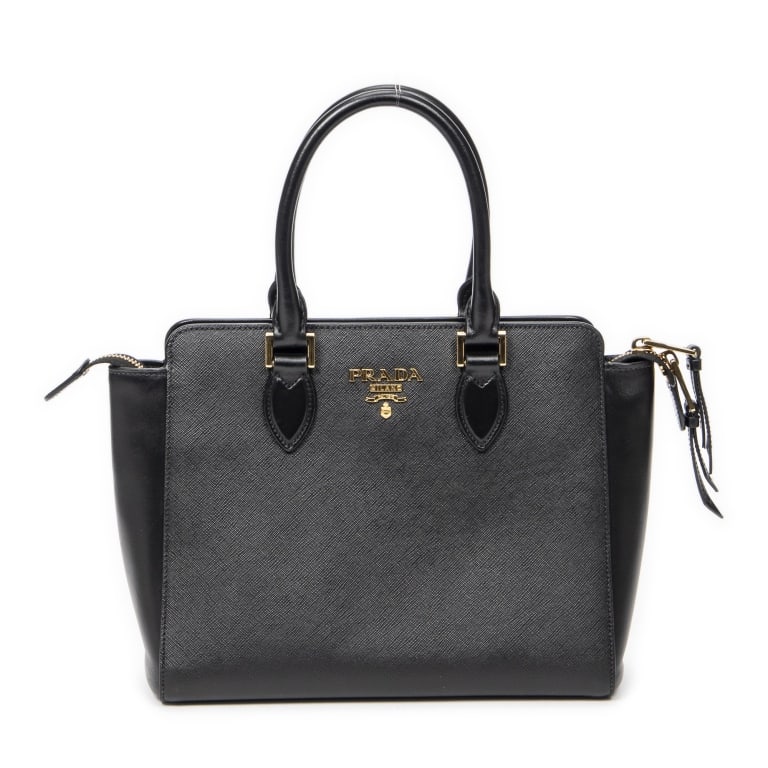 PRADA BLACK SAFFIANO LE TOP HANDLE CROSSBODY: PRADA SMALL TOP HANDLE CROSSBODY BLACK SAFFIANO LEATHER GOLD Dimensions (CM): 26*21*9.5cm Production Code: 1BA113 A ABB5025