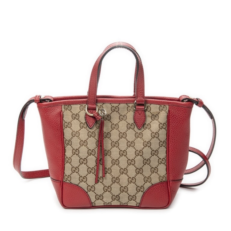 GUCCI MONOGRAMMED SMALL BREE TOTE: GUCCI SMALL BREE TOTE RED/BEIGE MONOGRAMMED CANVAS GOLD Dimensions (CM): 20*20*10.5cm Production Code: 449241 498879 A ABC9691