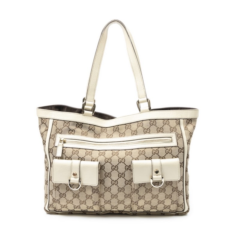 GUCCI ABBEY IVORY/BEIGE POCKET TOTE: GUCCI ABBEY POCKET TOTE IVORY/BEIGE MONOGRAMMED CANVAS GOLD Dimensions (CM): 33*25*10cm Production Code: 146247-212792 A ABD4098