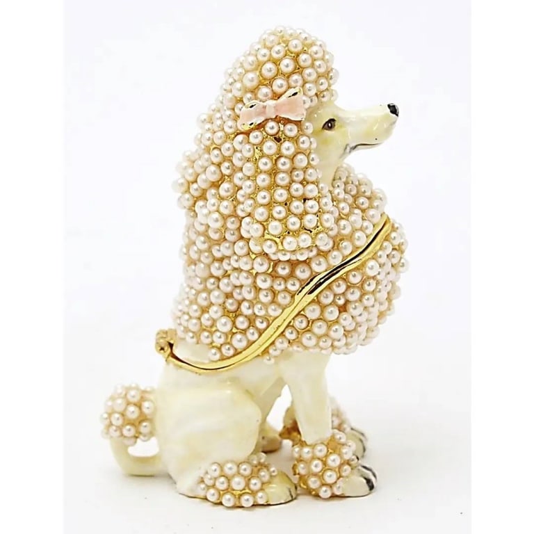 JAY STRONGWATER STYLE POODLE TRINKET BOX: White Poodle trinket box is unique design. | Hand made by an artist with using swarovski crystal & enamel, gold plating. | Inside of box hase a lovely enamel. | Comes in beuatiful satin lined storage 