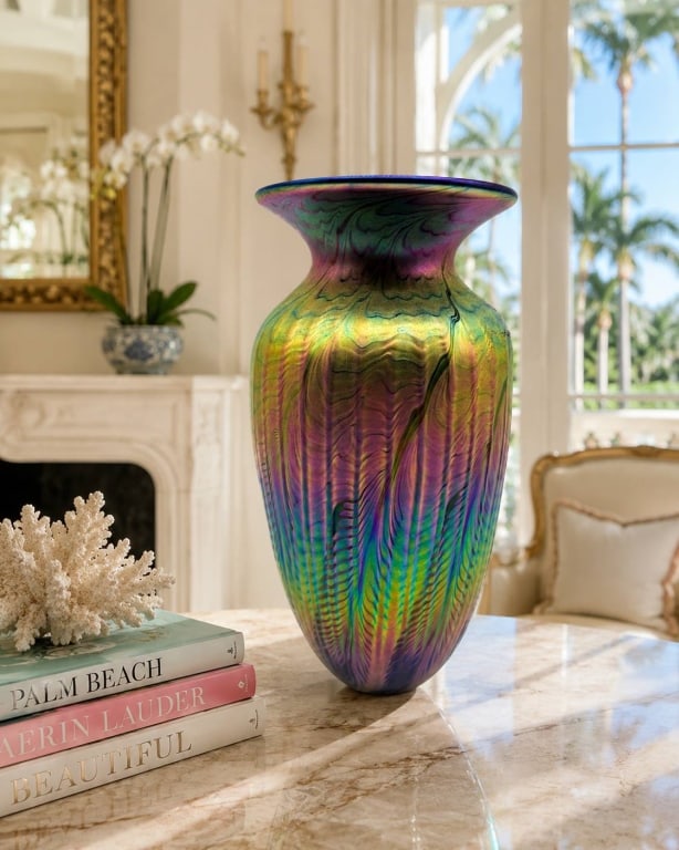 LARGE IRIDESCENT ART GLASS VASE 10.5": A striking hand-blown iridescent art glass vase featuring a dramatic flared rim and elongated baluster form. The surface displays a rich, highly luminous pulled-feather or combed design with shifting 