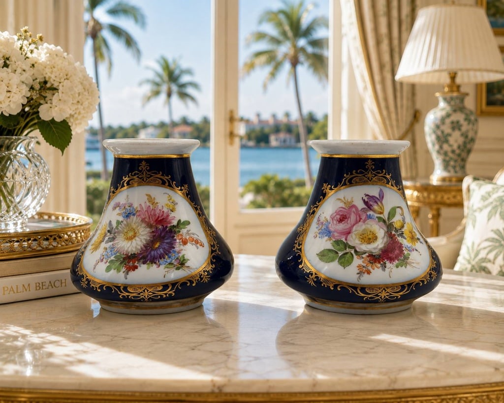 PAIR MEISSEN PORCELAIN COBALT FLORAL VASES 5": Pair of fine Meissen porcelain cabinet vases featuring a rich cobalt blue ground with hand-painted polychrome floral bouquets reserved within white porcelain panels. Each floral composition is individ